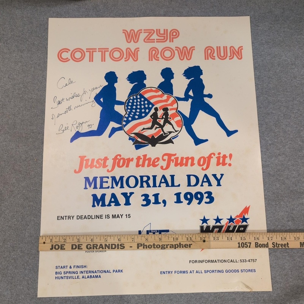 Vtg Signed Bill Rodgers '93 WZYP Cotton Row Run Poster US Olympian Huntsville AL - Picture 3 of 5